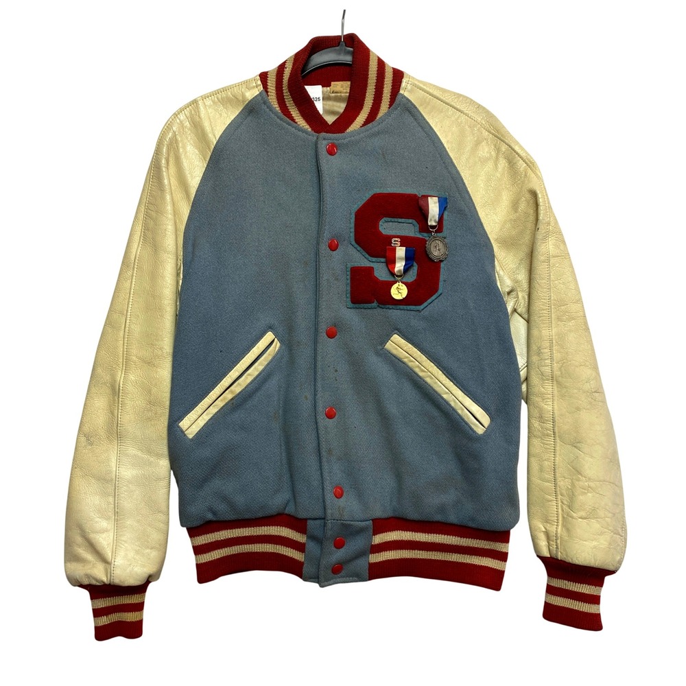 Vintage Varsity Letterman Jacket Mens 36 Blue Leather Wool Medals WPL 9219